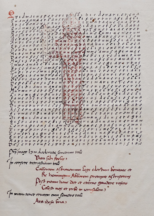 Zwei Seiten aus einem mittelalterlichen Buch mit Handschrift und Zeichnung eines Geistlichen.
