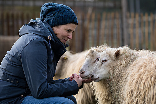 Lächelnde Frau mit Mütze und Jacke hockt vor drei Schafen