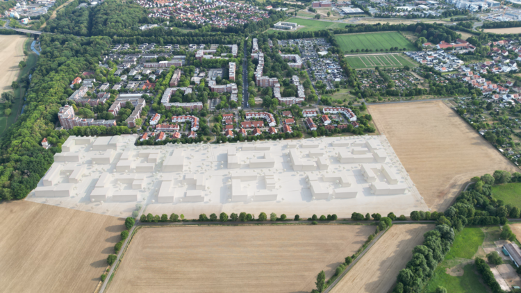 Modell eines Stadtviertels in ein Luftbild montiert, Stadtrandlage