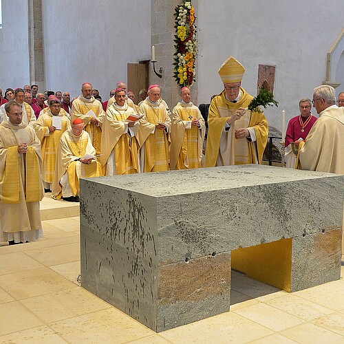 Eine Gruppe von Personen steht vor einem Altar im Hildesheimer Dom.