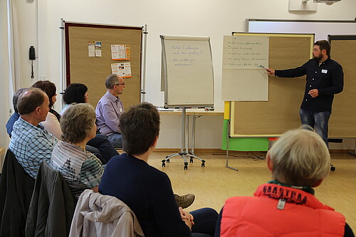 Acht Personen sitzen im Halbkreis in einem Raum und schauen auf eine Person, die in der Mitte vor Pinnwänden steht und etwas darauf zeigt.