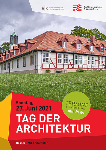 Ein Plakat, das für den Tag der Architektur 2021 wirbt mit einem Foto der Außenanlage des Klosters Marienwerder.