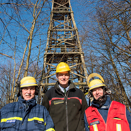 Drei Herren mit gelben Schutzhelmen stehen im Wald vor einem Turm aus hölzernen Streben.
