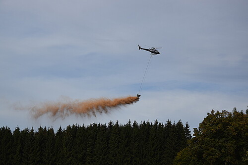 Hubschrauber wirft über einem Waldstück Kalk ab.