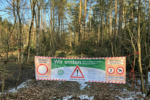 Banner im Wald mit Aufschrift: Waldweg gesprerrt; wir ernten; Lebensgefahr.